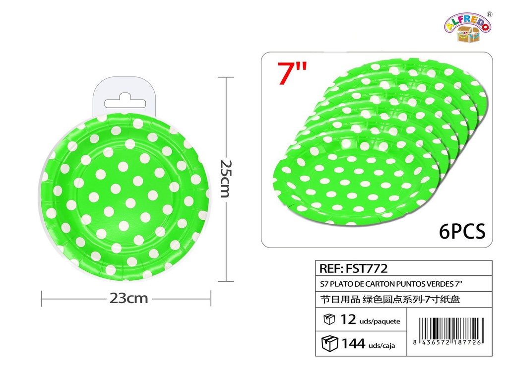 Plato de cartón S7 puntos verdes 7" (set de 6) - Artículos de fiesta