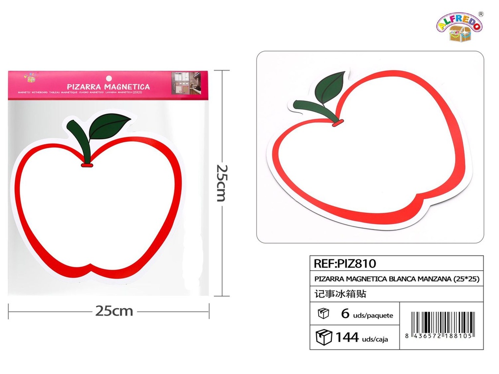 Pizarra magnética blanca forma de manzana 25x25cm para notas en el hogar