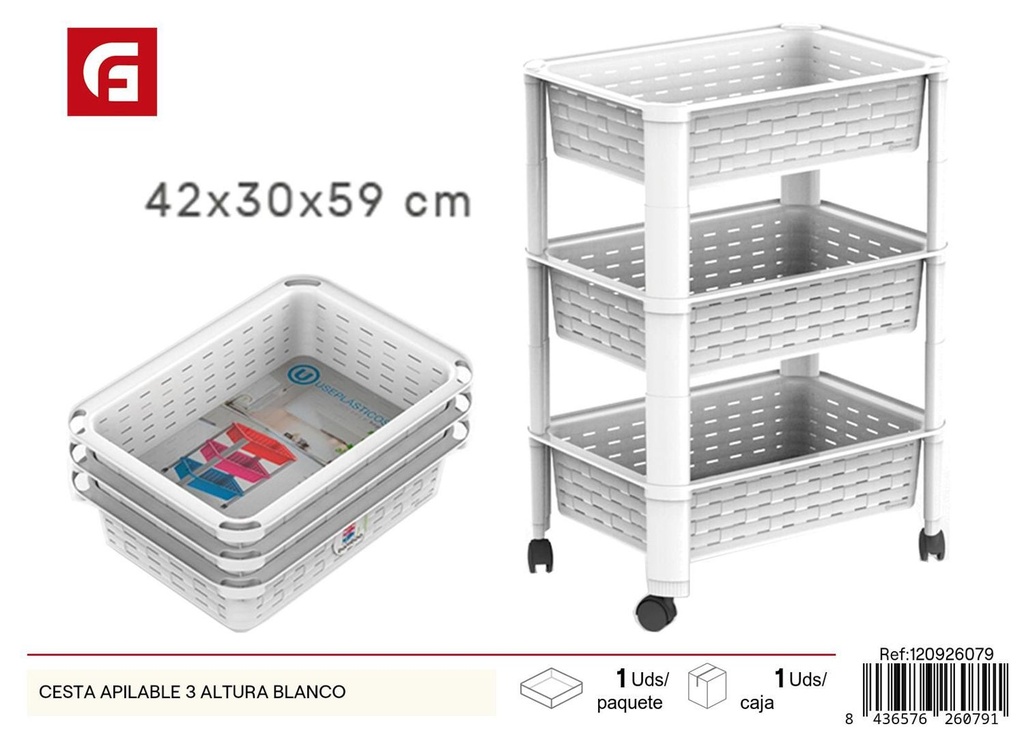 Cesta apilable 3 alturas blanco almacenamiento cocina