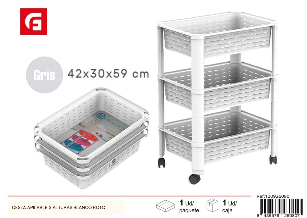 Cesta apilable 3 alturas blanco roto para almacenamiento