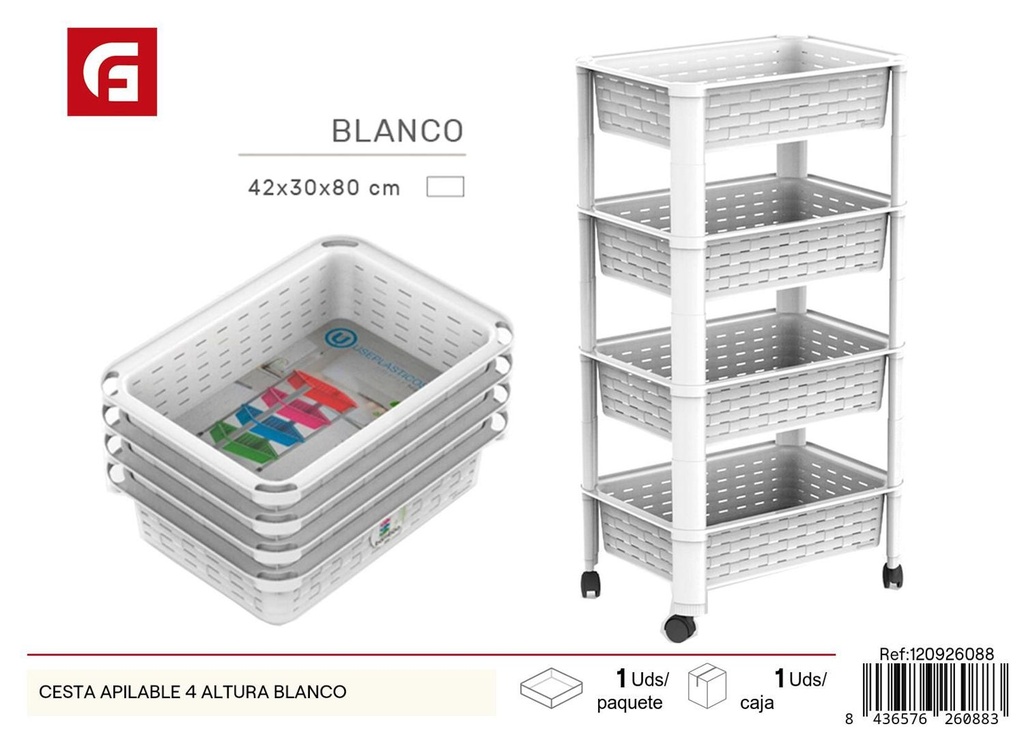 Cesta apilable de 4 alturas blanca para almacenamiento