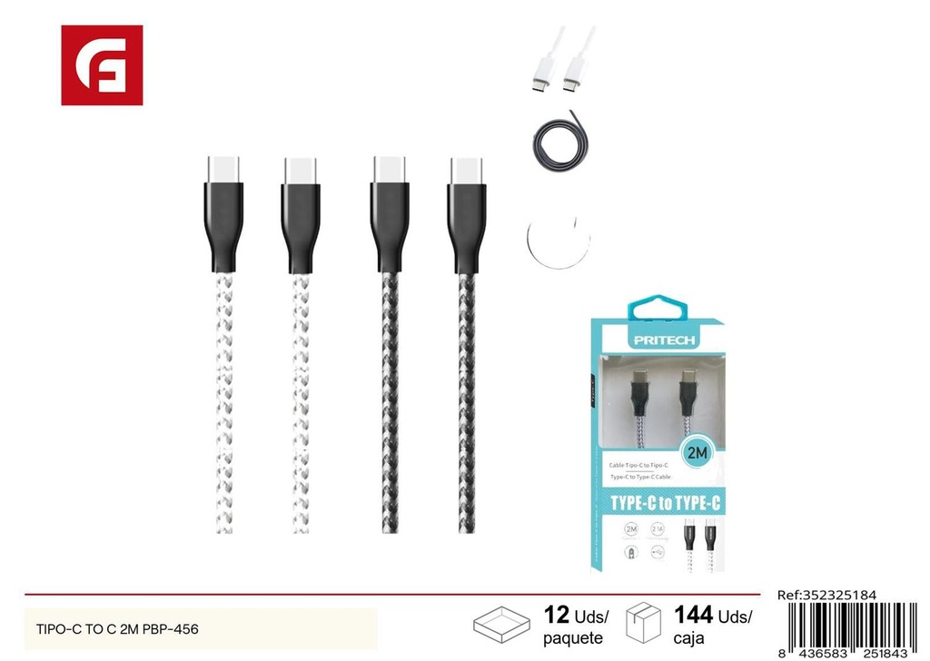 Cable Tipo-C a Tipo-C 2m PBP-456 - Cargadores y cableados