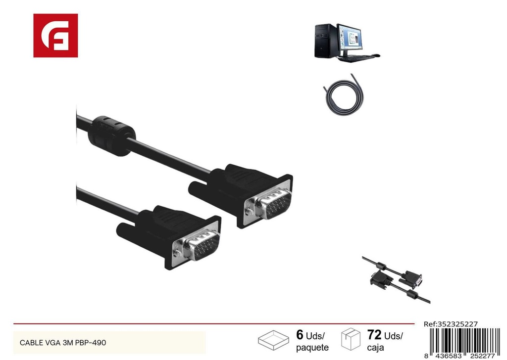 Cable VGA 3m pbp-490 para conectar monitores y proyectores