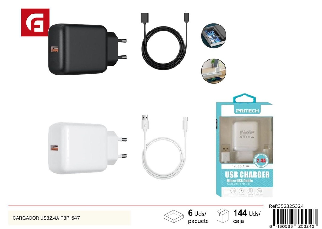 Cargador USB 2.4A PBP-547 para dispositivos electrónicos