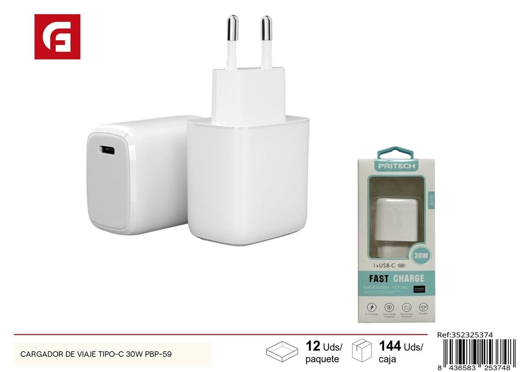 Cargador de viaje tipo-C 30W modelo PBP-59 - Electrónica y accesorios de carga