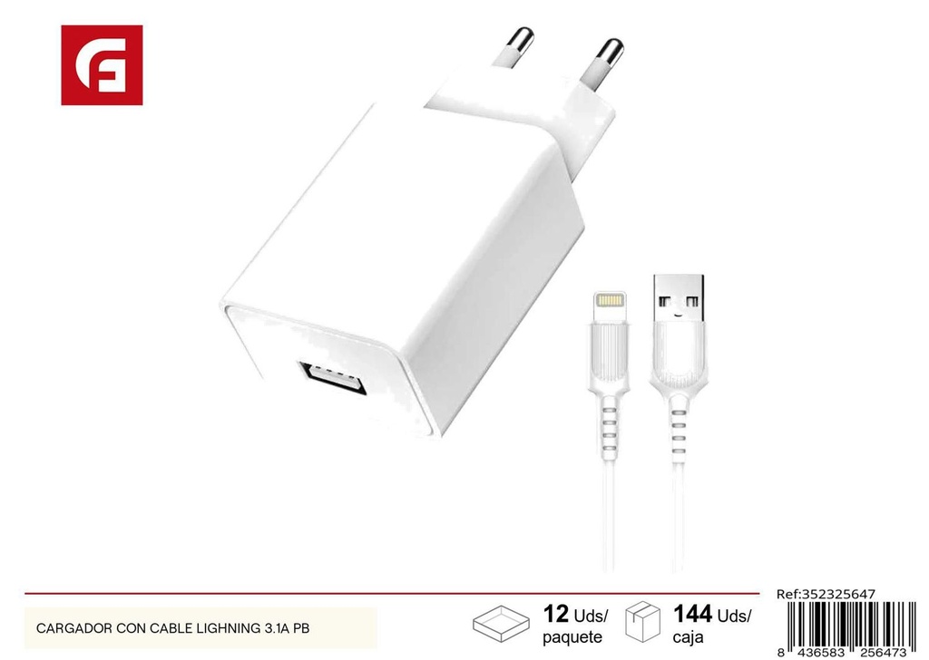 Cargador con cable lightning 3.1A PB para dispositivos electrónicos