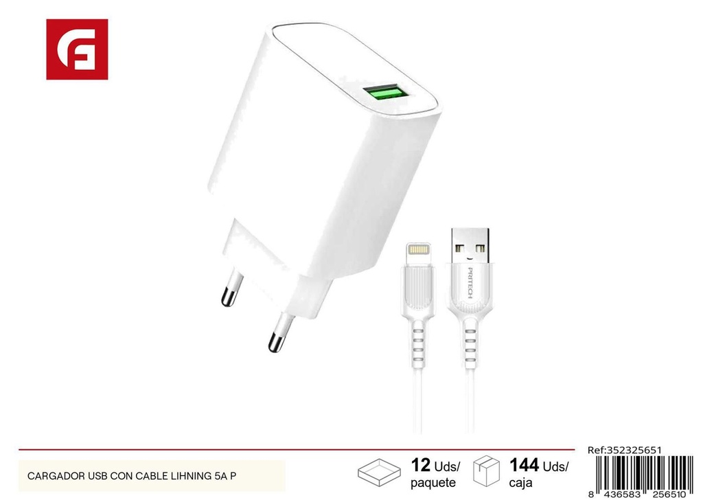 Cargador USB con cable Lightning 5A para dispositivos móviles