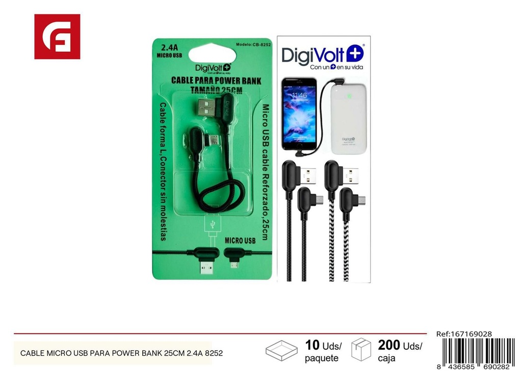 Cable micro USB para power bank 25cm 2.4A