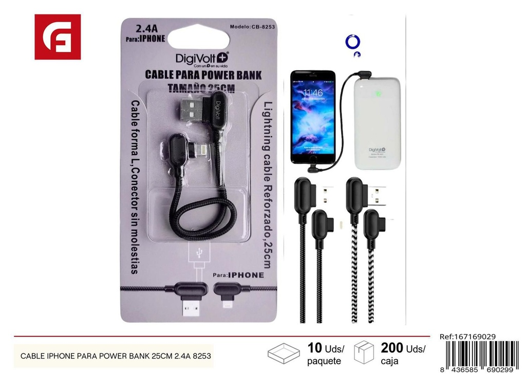 Cable iPhone para power bank 25cm 2.4A