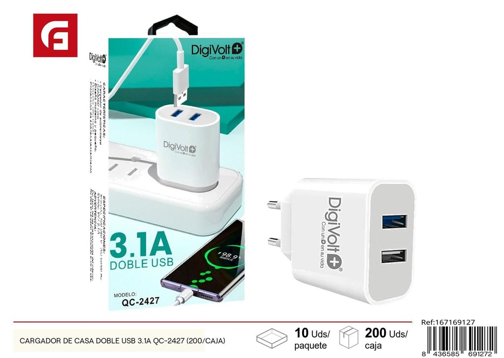 Cargador de casa doble USB 3.1A QC-2427 para dispositivos electrónicos