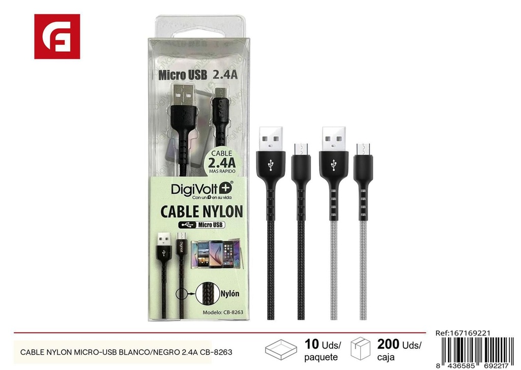 Cable nylon micro-USB blanco/negro 2.4A CB-8263 para dispositivos electrónicos