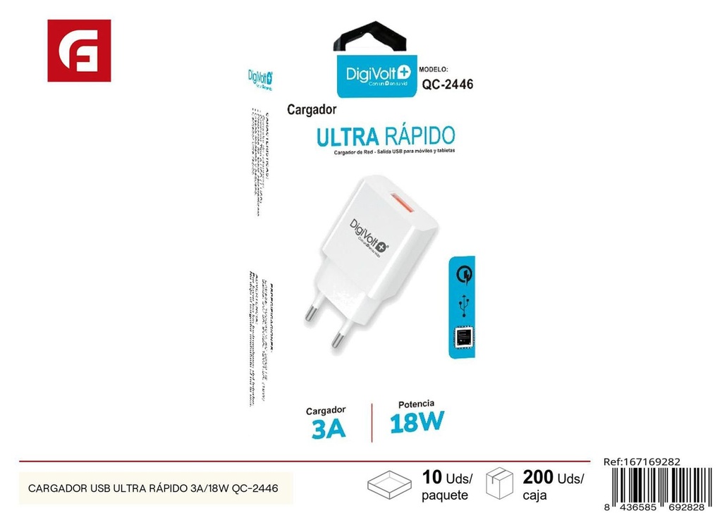 Cargador USB ultra rápido 3A/18W QC-2446