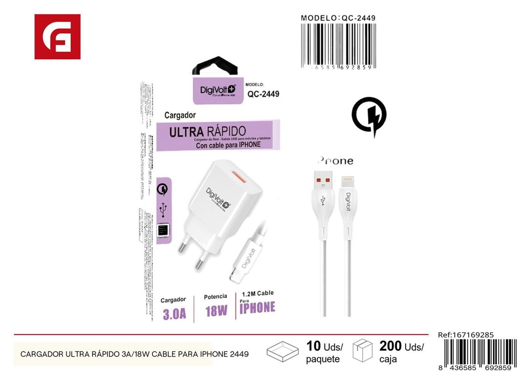 Cargador ultra rápido 3A/18W + cable para iPhone