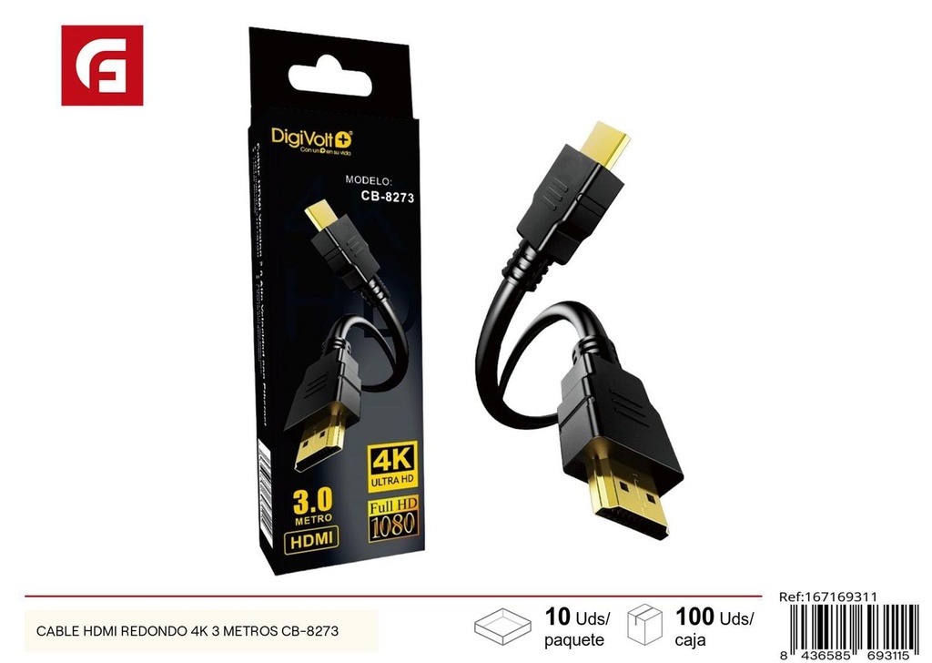 Cable HDMI redondo 4K 3 metros CB-8273 para electrónica