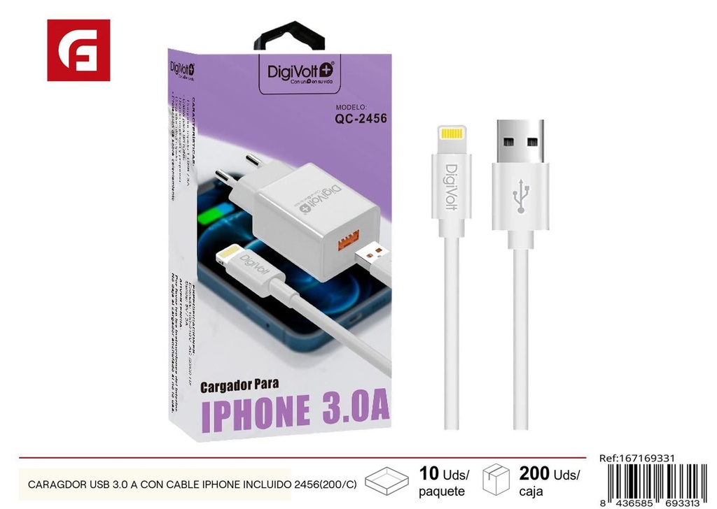 Cargador USB 3.0 A con cable iPhone incluido para dispositivos móviles