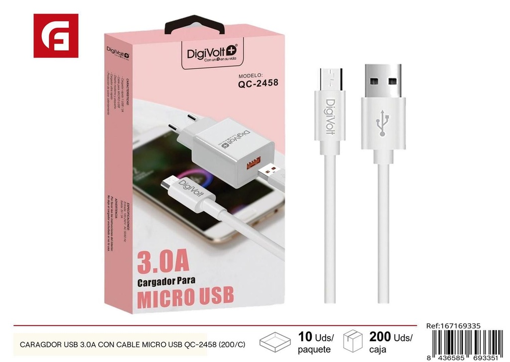 Cargador USB 3.0A con cable micro USB QC-2458