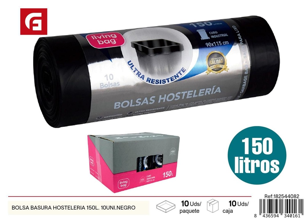 Bolsa basura hostelería 150L 10uni negro para limpieza de hogar