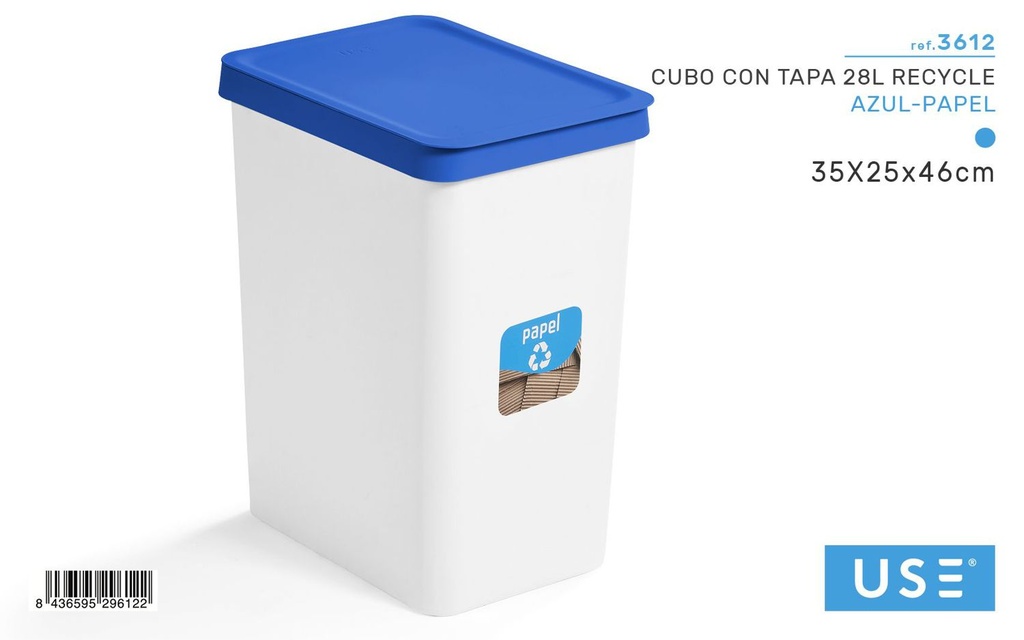 Cubo de basura con tapa 28L recycle azul para reciclaje