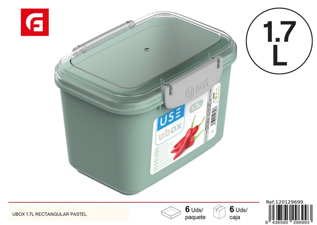 Contenedor plástico rectangular pastel 1.7L