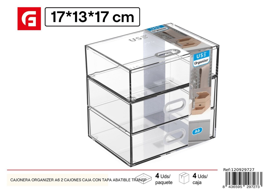 Cajonera Organizer A6 con 2 cajones y tapa abatible transparente para organización