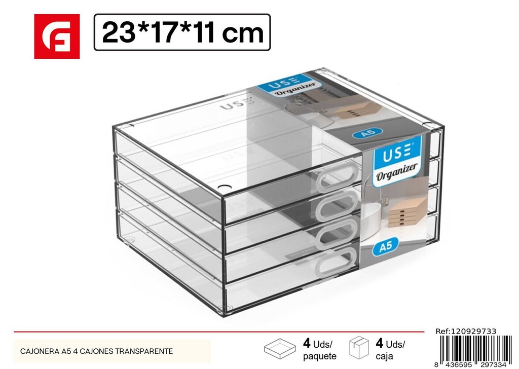 Cajonera A5 4 cajones transparente para organización