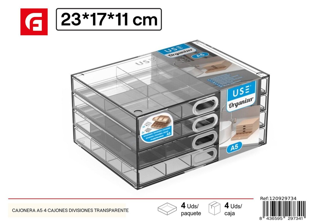 Cajonera de plástico A5 con 4 cajones transparente para organización