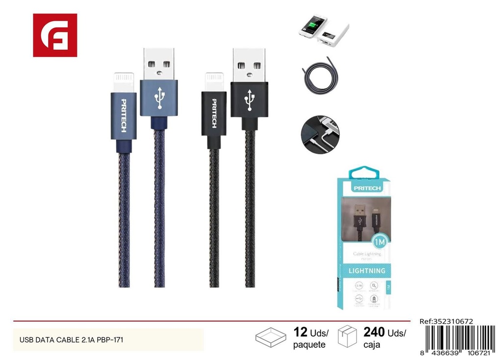 Cable USB data 2.1A PBP-171 para carga y transferencia de datos