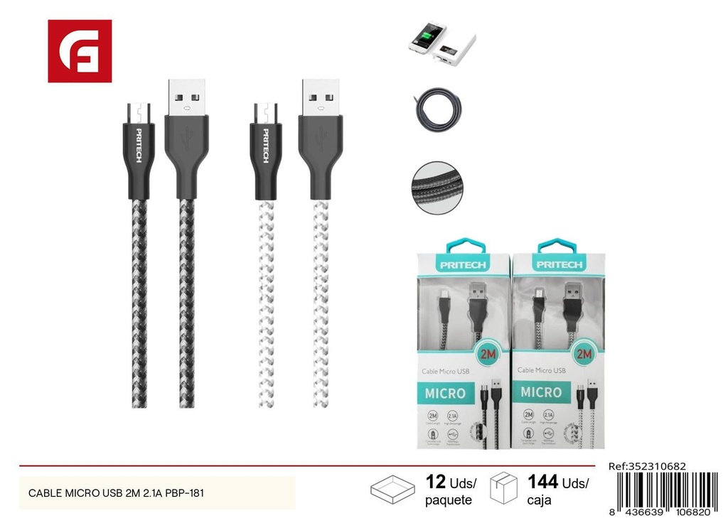 Cable micro USB 2M 2.1A PBP-181 - Electrónica