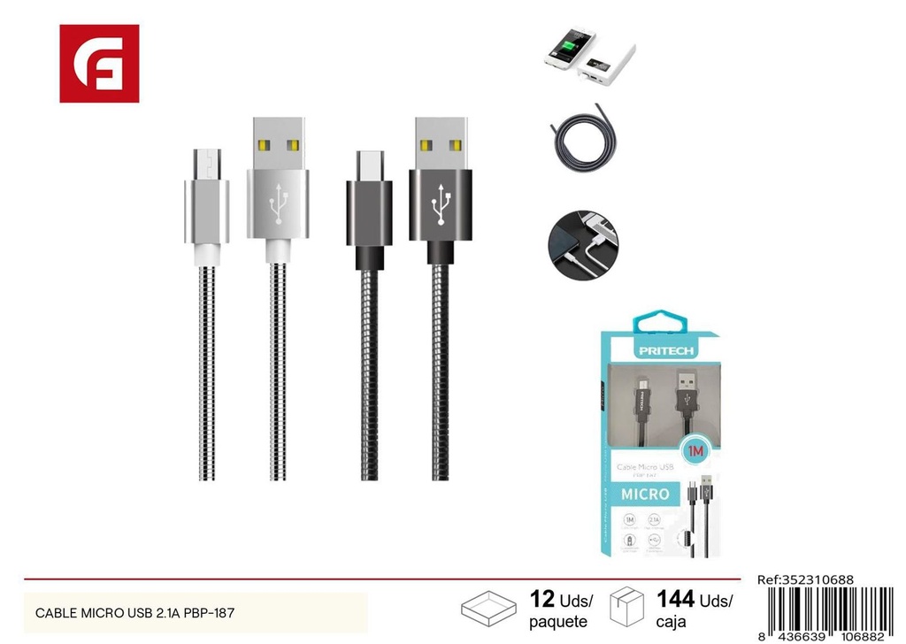 Cable micro USB 2.1A PBP-187 - Cargadores de teléfono