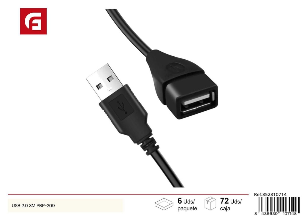 Cable USB 2.0 3m PBP-209 para transferencia de datos