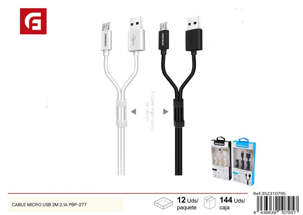 Cable micro USB 2m 2.1A PBP-277 para carga rápida de dispositivos electrónicos