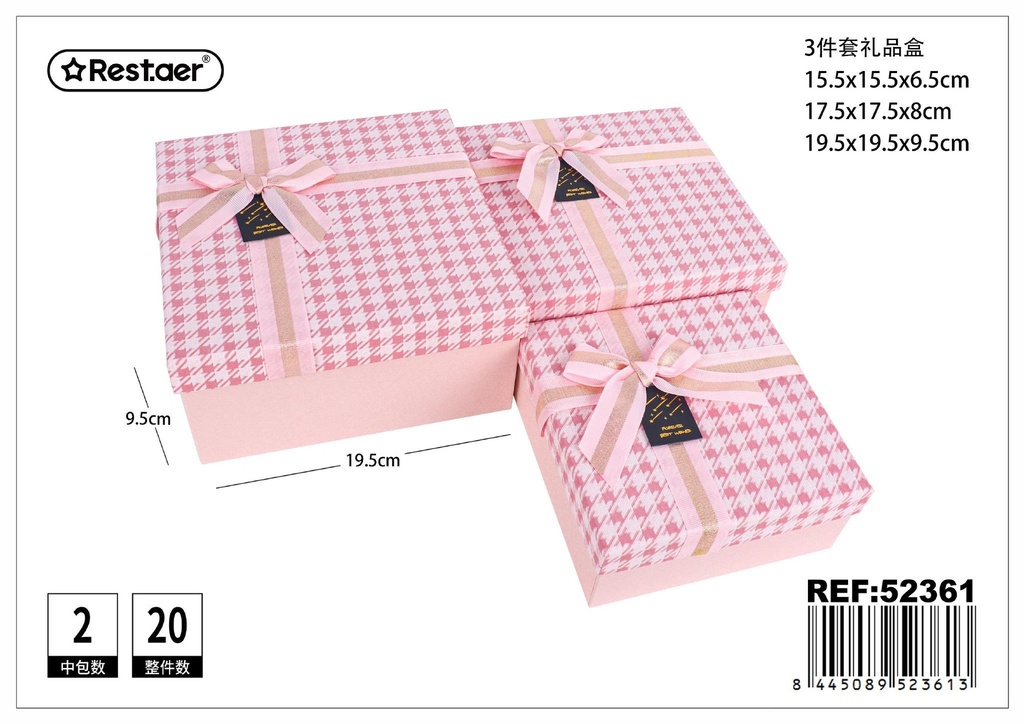 Set de 3 cajas de regalo cuadradas rosas para empaques