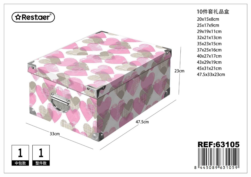 Set de 10 cajas de cartón con cierre de metal 47.5x33x23cm