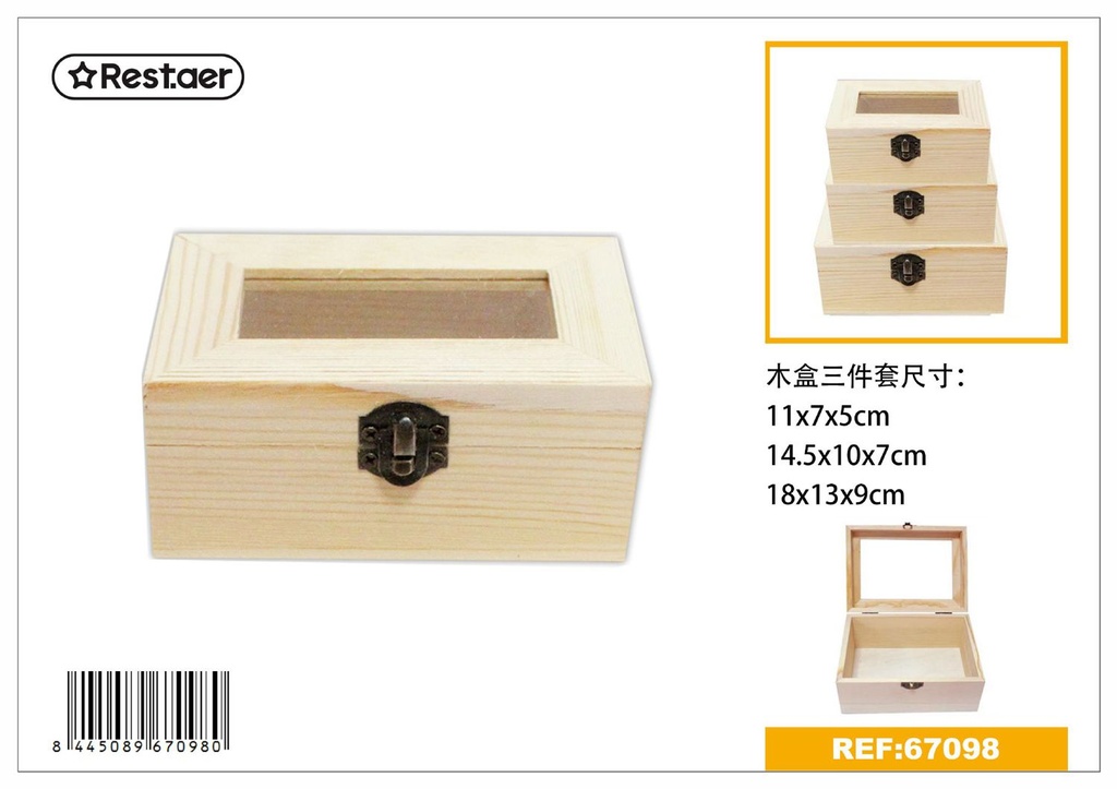 Caja de madera de pino 3pcs 18x13x9cm para almacenamiento