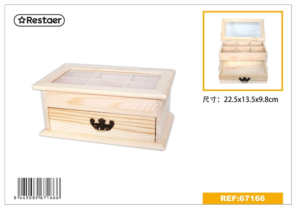 Joyero de madera con ventana de vidrio 22.5x9.8x13.5cm para almacenamiento