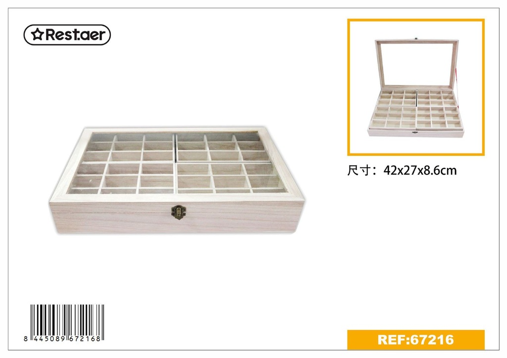 Caja de madera con vidrio 42x27x8.6cm para almacenamiento