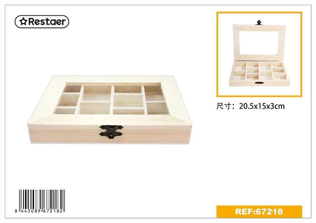 Caja de madera con ventana de vidrio rectangular 20.5*15*3cm para almacenamiento y regalo