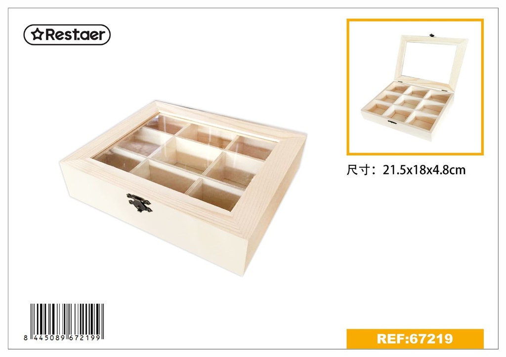 Caja de madera con ventana de vidrio 21.5x18x4.8cm para almacenamiento y decoración