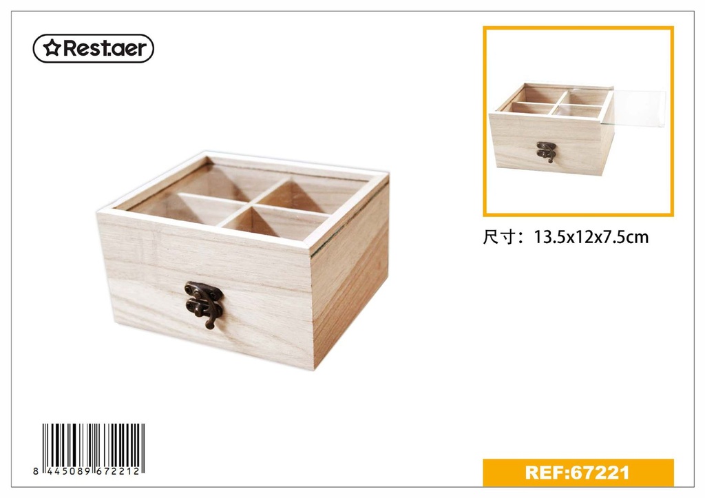 Caja de madera de dos niveles con ventana de vidrio 13.5x12x7.5cm para almacenamiento