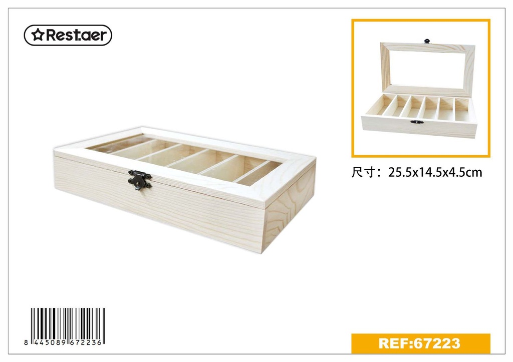 Caja de madera con ventana de vidrio 25.5*14.5*4.5cm 6格玻璃窗长方形木盒 para almacenamiento