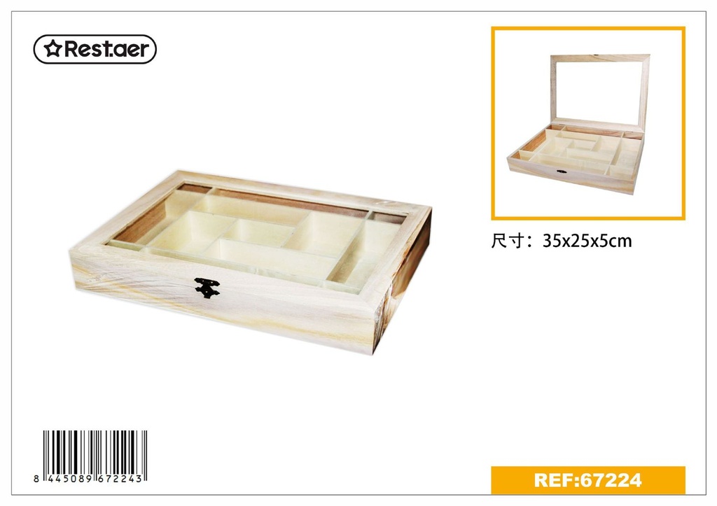 Caja de madera con ventana 13 compartimentos 35*25*5cm para almacenamiento