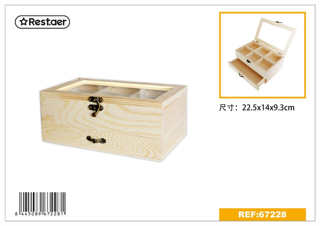 Caja de madera con ventana de vidrio 22.5x14x9.3cm para almacenamiento