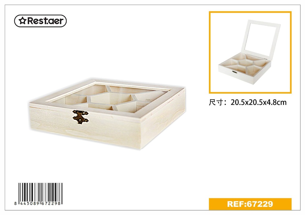 Caja de madera rectangular con ventana de vidrio 20.5x20.5x4.8cm para almacenamiento y decoración