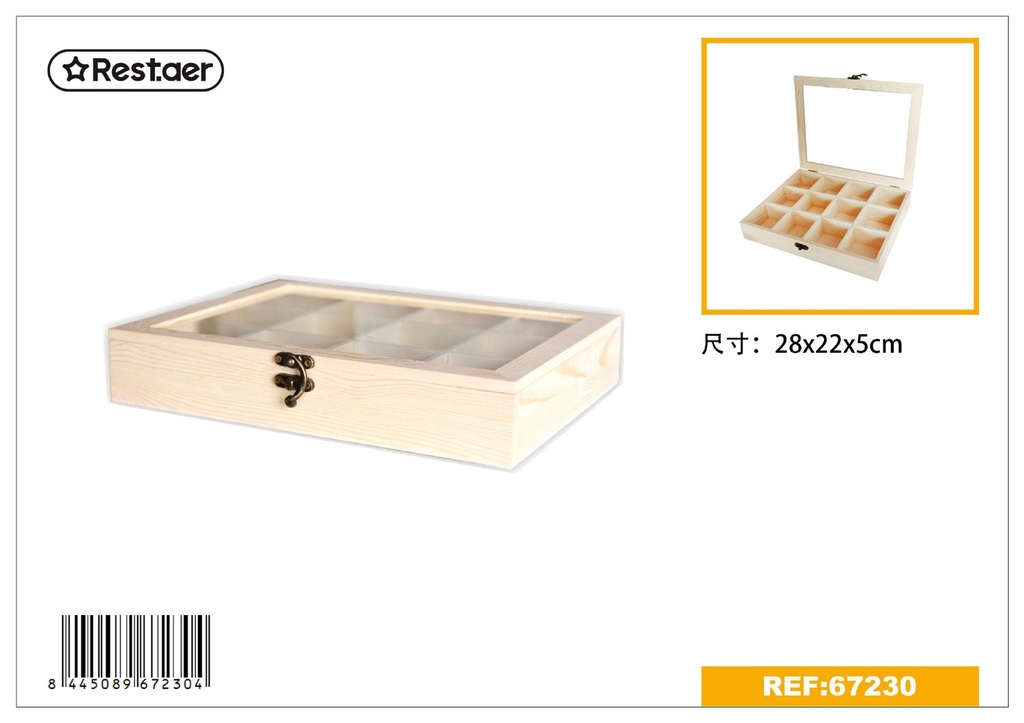 Caja de madera rectangular con 12 compartimentos y ventana de vidrio 28x22x5cm