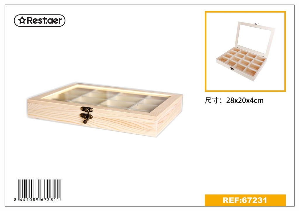 Set de 3 cajas de madera rectangular con 16 compartimentos 28x20x4 cm 