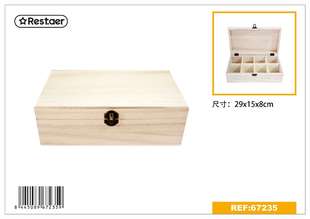 Caja de madera rectangular con 8 compartimentos 29x15x8cm