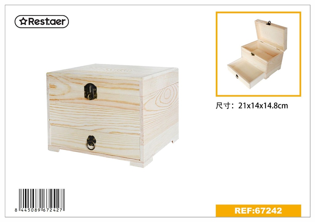 Caja de madera de pino 21x14x14.8cm para almacenamiento