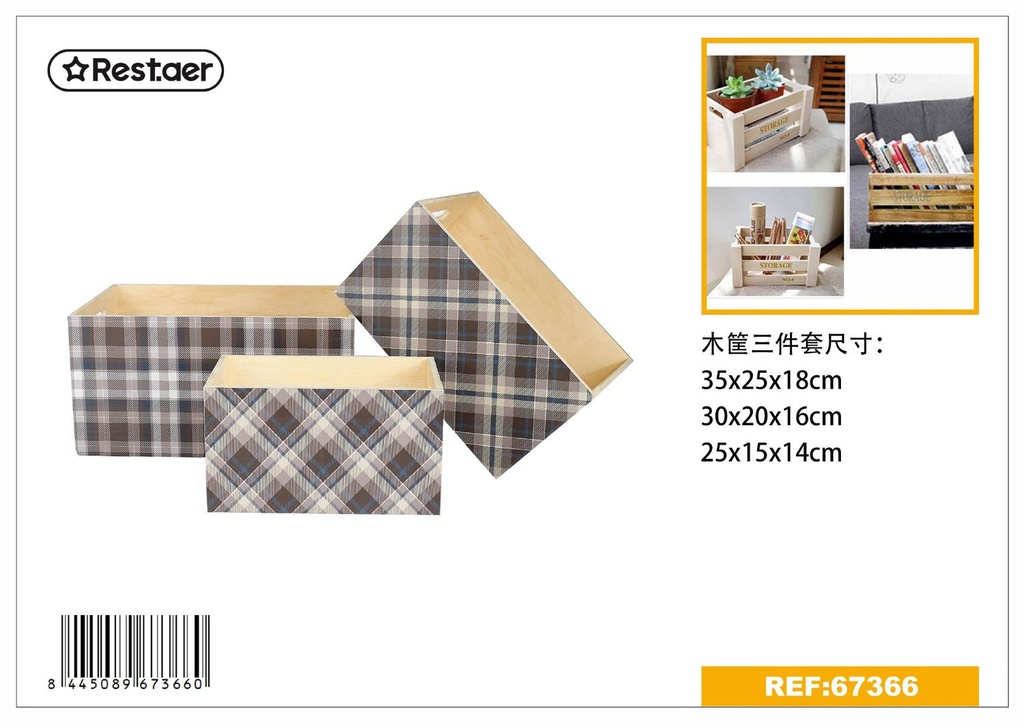  set de tres cestas de madera 35x25x18 cm - Almacenaje decorativo
