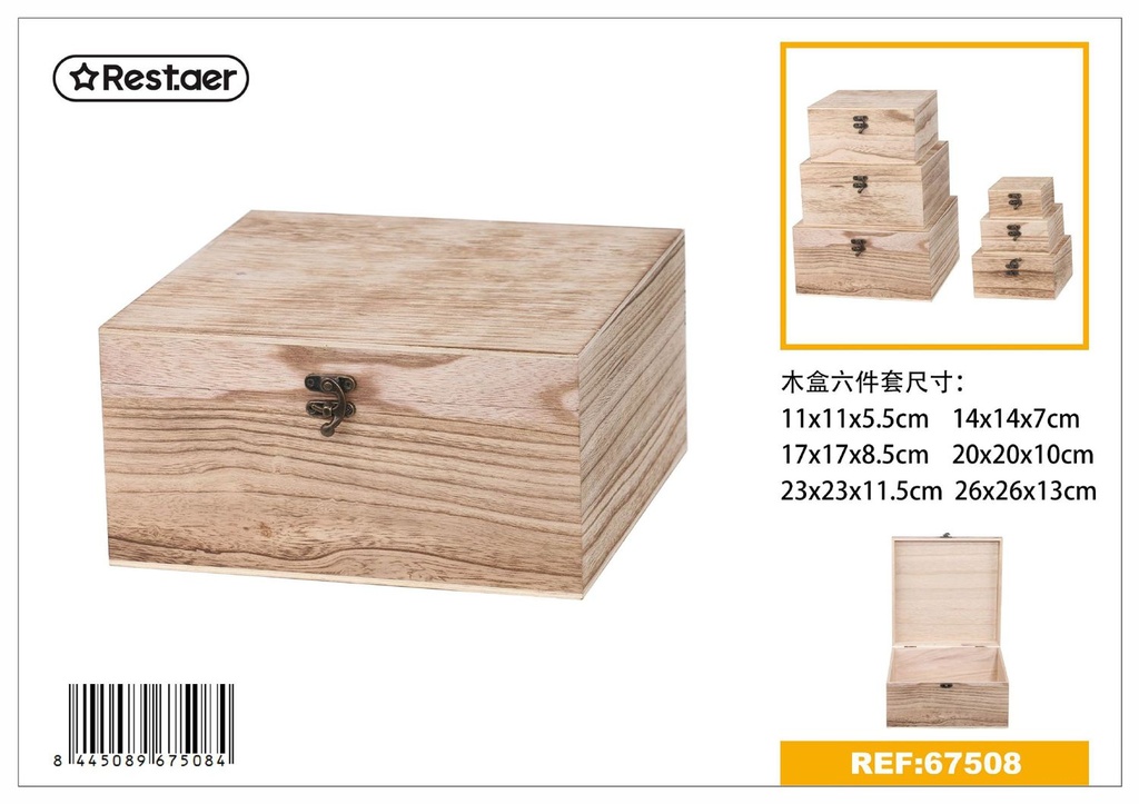 Caja de madera 6pcs 26x26x13cm almacenamiento decorativo