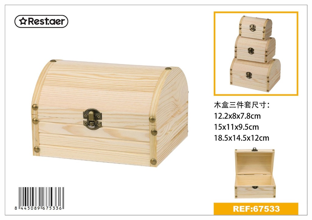 Set de 3 cajas de madera 18.5x14.5x12cm